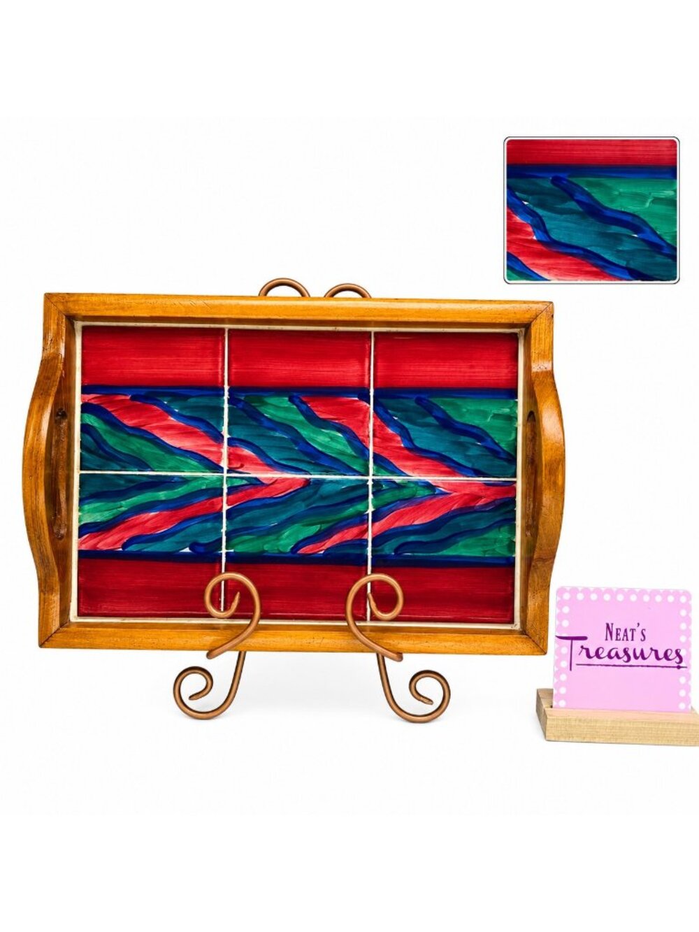 Gail Pittman RED AZALES  / FLAMES Painted Tiles Wooden Handles 1995 Serving Tray